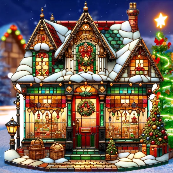 Stained Glass Christmas Village Shop Window Cling Window Decoration Decal Sticker Reusable Holiday Decor Christmas Decoration