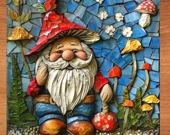 Gnome in Mushroom Garden Stained Glass Look Art on Glossy Ceramic Tile Tileful Artful Display Piece and Gift