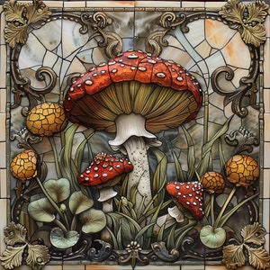 May include: A vintage-style illustration of red and white mushrooms with ornate gold details. The mushrooms are surrounded by green leaves and a mosaic background.