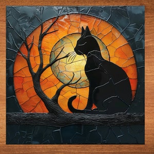 May include: A black cat silhouette sits on a branch, set against a stained-glass style background of orange and yellow hues, with a dark tree and a dark blue border. The artwork is square and framed in wood.