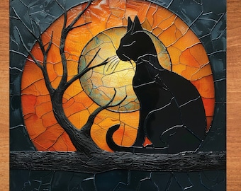 Black Cat and Full Moon Stained Glass Look Art on Glossy Ceramic Tile Decorative Gift Artful Mosaic Wall Decor
