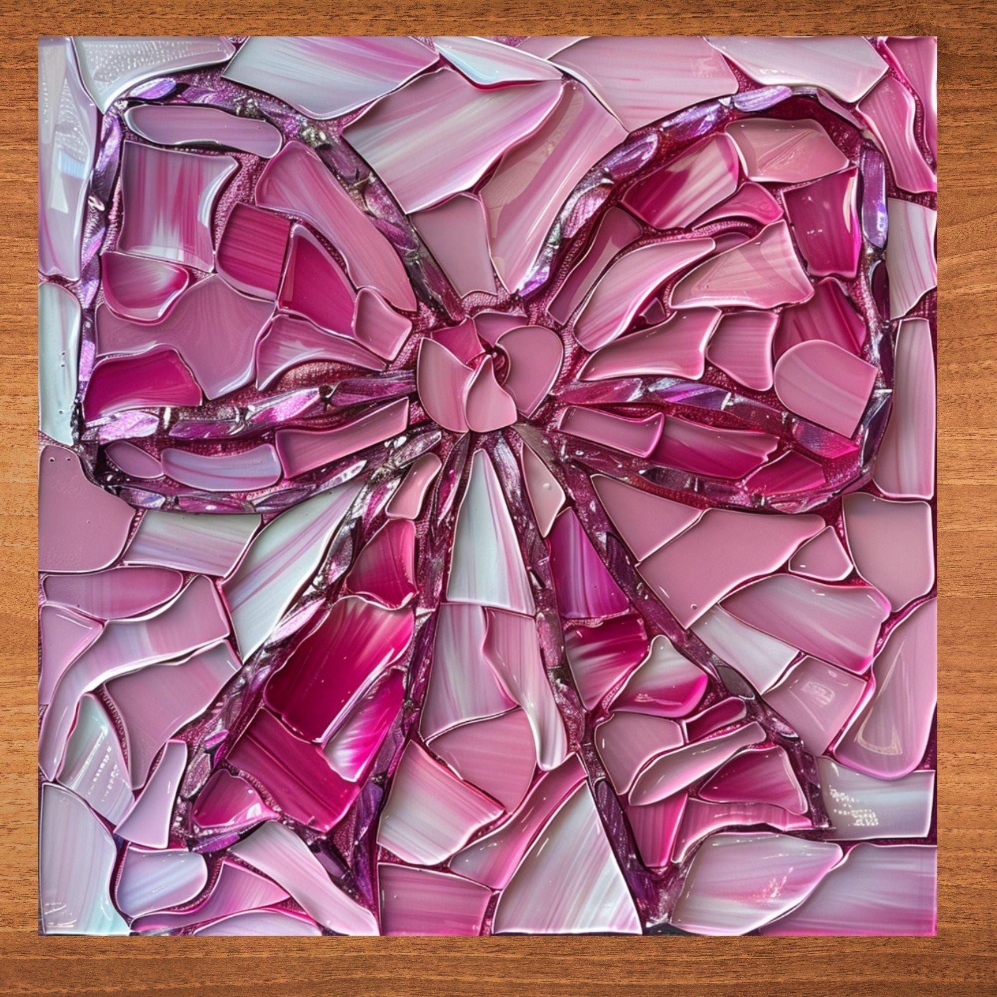 Coquette Pink Bow Ceramic Art Tile Stained Glass Look Glossy Bookshelf Book Nook Wall Decor Gift for Her Christmas