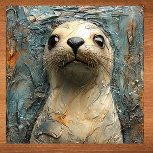 May include: A close-up of a white seal pup with black eyes and a black nose. The seal pup is painted in a realistic style with textured brushstrokes. The background is a blue and brown abstract painting.