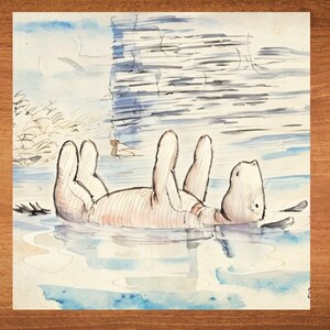 May include: A watercolor illustration of a pink bear floating on its back in a blue and white body of water. The bear has its paws in the air and its head tilted back. The background is a light blue sky with a gray rock formation.