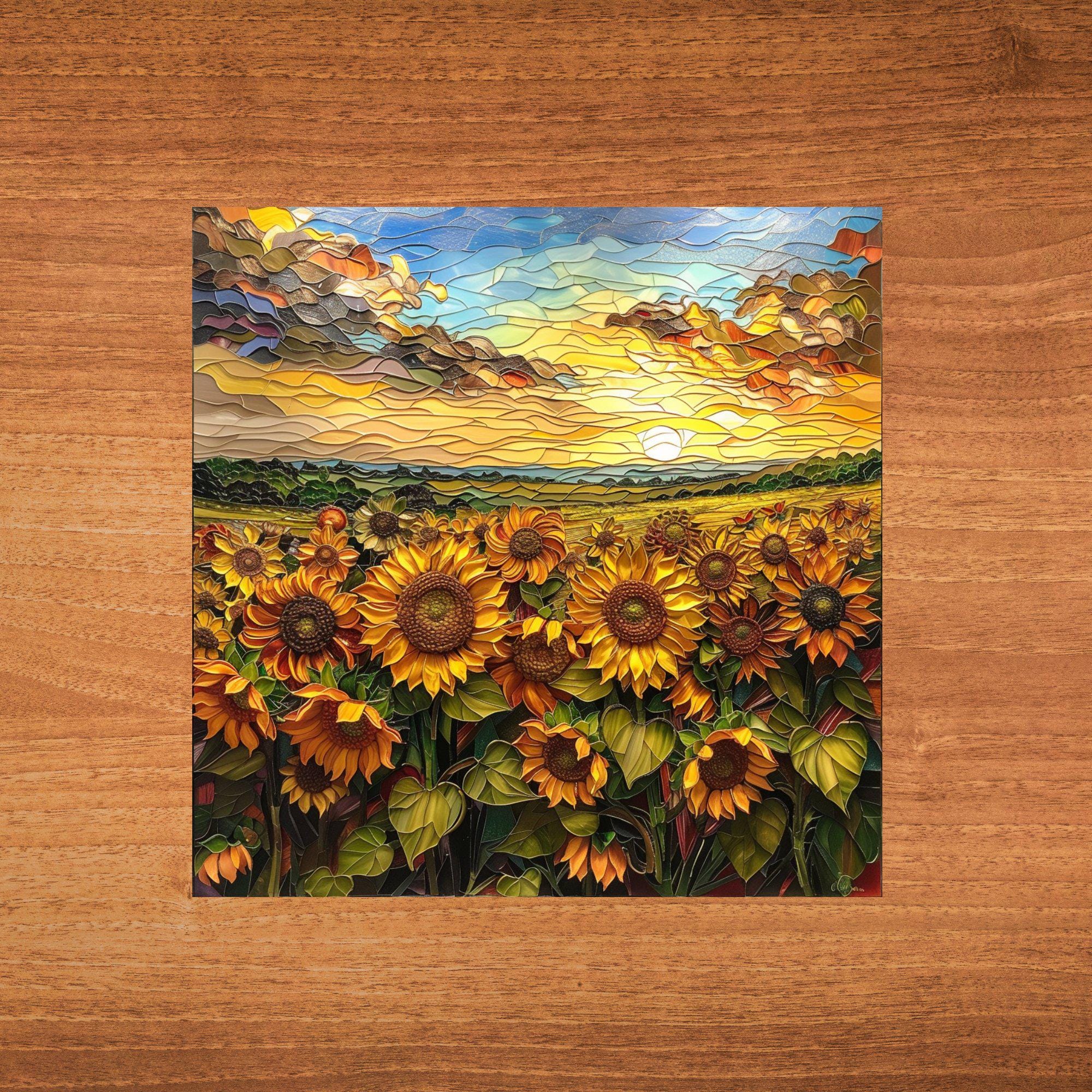 Sunflower field Ceramic Art Tile Stained Glass Look Glossy Bookshelf Book Nook Wall Decor Gift for Her Christmas