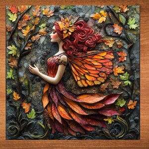 May include: A fairy with red hair and wings made of autumn leaves. She is wearing a dress made of leaves and has a flower crown on her head. The background is a forest scene with leaves and vines.