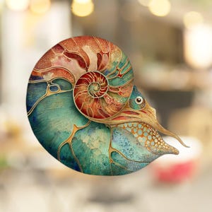 May include: A nautilus shell with a detailed, intricate design in shades of blue, green, gold, and red. The shell is open, revealing the spiral inside.