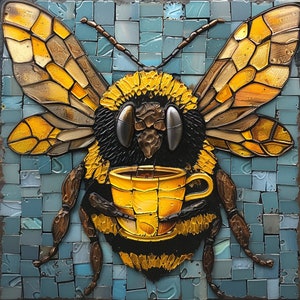 May include: A mosaic art piece featuring a large bumblebee holding a yellow coffee cup. The bee has black and yellow stripes, brown legs, and detailed wings. The background is a mosaic of small, square, blue tiles.