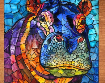 Hippopotamus Stained Glass Look Art on Glossy Ceramic Decorative Tile Tileful Artful Mosaic Wall Decor