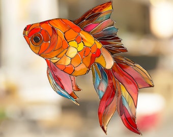 Goldfish Stained Glass Window Cling Window Sticker Decal - No Adhesive Required, Reusable Gift for Her Him Home