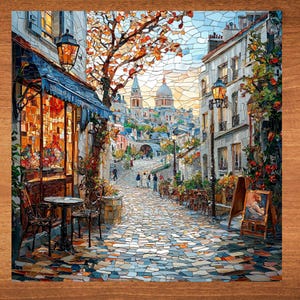 May include: A colorful mosaic painting depicting a Parisian street scene with a cafe, cobblestone street, and a church in the distance. The painting features a blue and white storefront with a sign that reads "Epicerie Vins et Conserves".