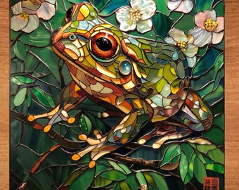 Toad Osmanthus Tree Stained Glass Look Art on Glossy Ceramic Decorative Tile Tileful Artful Mosaic Wall Decor