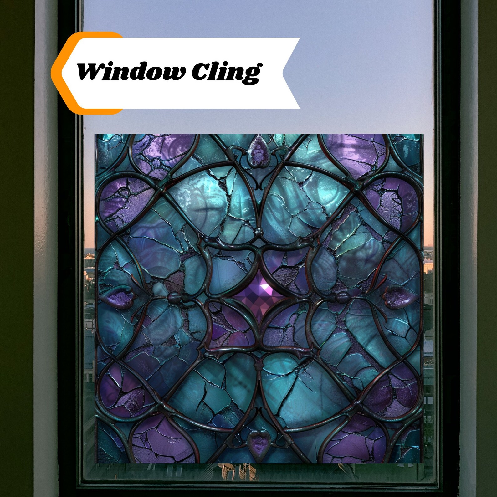 Deep Purple and Teal Stained Glass Window Cling Gothic Decor Sticker ...
