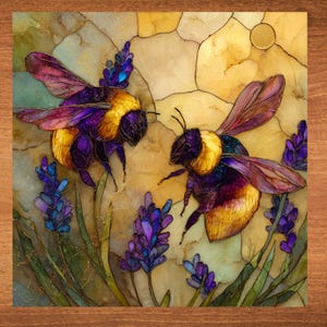May include: Two bumblebees with purple and yellow wings are painted in a stained glass style on a background of lavender flowers and a yellow, rocky surface.