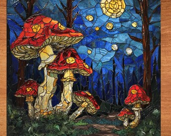 Mushrooms in the forest Stained Glass Look Art on Glossy Ceramic Tile Tileful Artful Display Piece and Gift