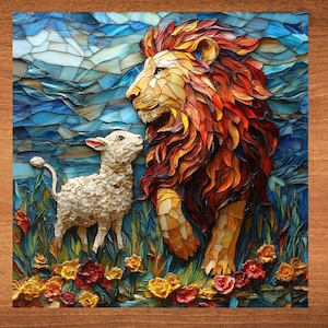 May include: A mosaic artwork depicting a lion and a lamb in a field of flowers. The lion has a red and orange mane, and the lamb is white. The background features blue water and sky.