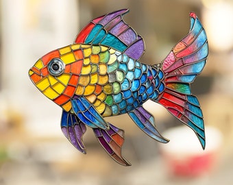 Rainbowfish Stained Glass Window Cling Window Sticker Decal - No Adhesive Required, Reusable Gift for Her Him Home