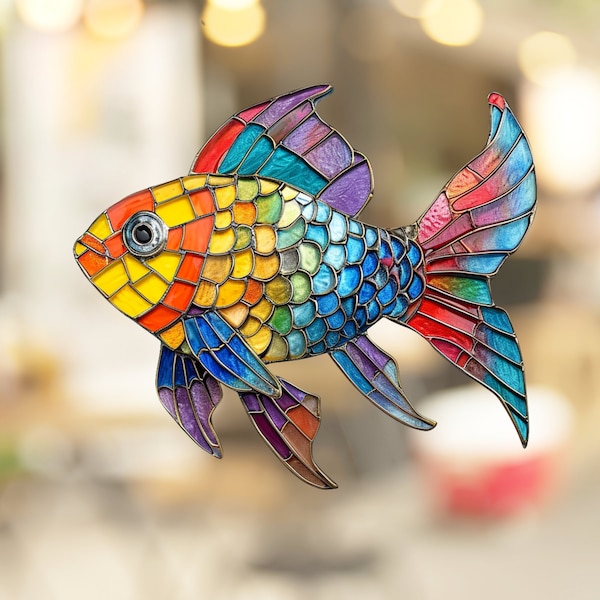 Rainbowfish Stained Glass Window Cling Window Sticker Decal - No Adhesive Required, Reusable Gift for Her Him Home