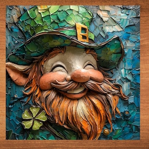 May include: A close-up of a smiling leprechaun with a green hat and a red beard. The leprechaun is painted in a textured style, giving the impression of a three-dimensional sculpture.