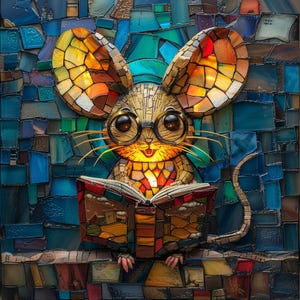 May include: A mosaic art piece of a mouse wearing glasses and reading a book. The mouse is made of colorful glass tiles and has a long tail. The background is a mosaic of blue, green, and brown tiles.