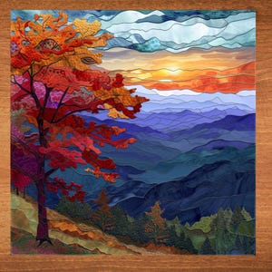 May include: A stained glass style painting of a fall scene with a red tree in the foreground and a mountain range in the background. The sky is a vibrant orange and blue with white clouds.