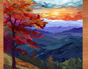 Smoky Mountains Stained Glass Look Art on Glossy Ceramic Tile Tileful Artful Display Piece and Gift