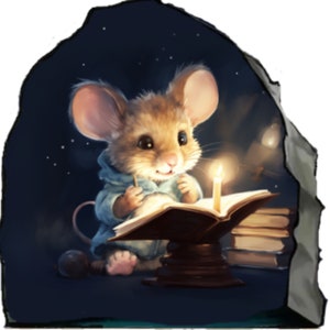 May include: A small brown mouse wearing a blue sweater sits in a cave-like setting, reading a book by candlelight. The mouse is holding a pen in its right paw and has a stack of books beside it.