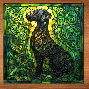 May include: A stained glass window depicting a black dog sitting in a green and yellow swirling pattern.