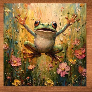 May include: A green frog with orange feet is jumping in the air with its arms outstretched. The frog is surrounded by a field of colorful flowers.