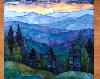Smoky Mountains Stained Glass Look Art on Glossy Ceramic Tile Tileful Artful Display Piece and Gift