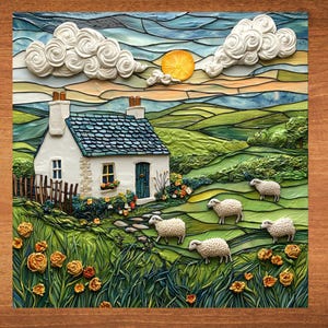 May include: A white cottage with a blue roof sits on a green hillside with a yellow sun in the sky.  Five white sheep graze in the field.