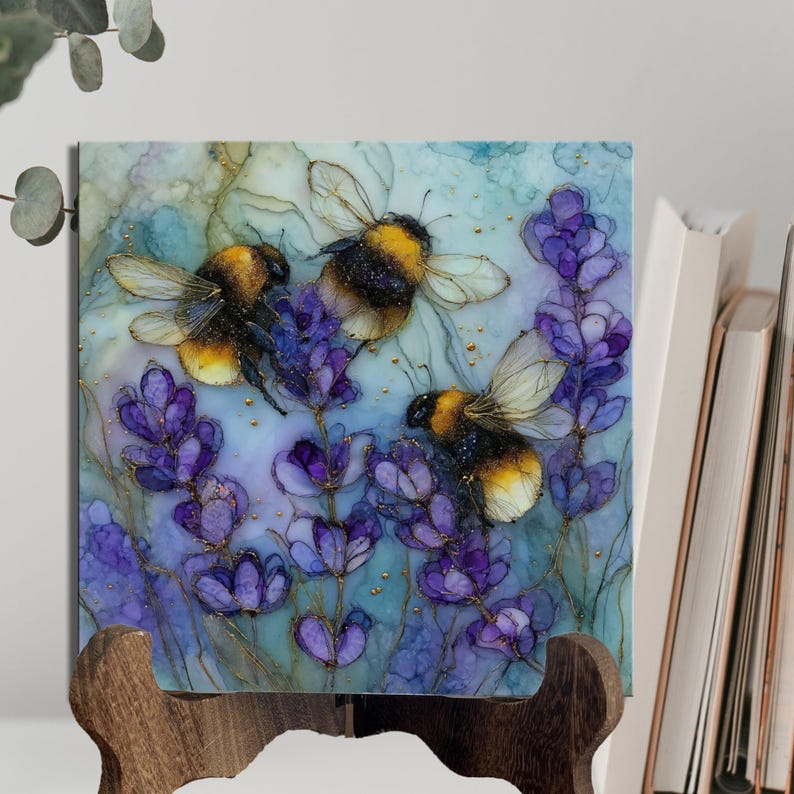 Bumble Bees and Lavender Wall Art, Nature-Inspired Decor, Botanical Print, Bee Illustration, Watercolor Art, 8x8 Inches