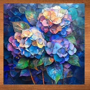 May include: A painting of a bouquet of blue, purple, and pink hydrangeas with green leaves. The flowers are painted in a realistic style with a textured, almost mosaic-like effect.
