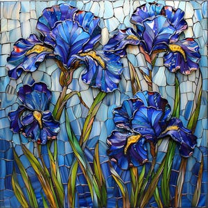 May include: A stained glass mosaic artwork depicting four blue iris flowers with yellow centers. The flowers are arranged in a cluster with their stems and leaves extending outwards. The background is a mosaic of blue, green, and white glass tiles.