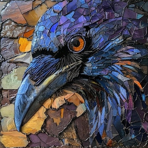 May include: Close-up of a mosaic raven with a blue, purple, and brown color scheme. The raven's eye is a bright orange.