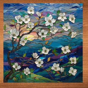 May include: A stained glass artwork depicting a white dogwood tree with delicate white blossoms against a blue and purple mountain landscape.