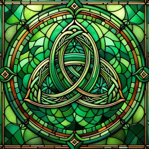 May include: A green stained glass Celtic knot design with a circular frame. The knot is made up of three interlocked loops, each with a green and gold design.
