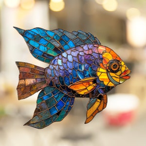 Peacock Cichlid Stained Glass Window Cling Window Sticker Decal - No Adhesive Required, Reusable Gift for Her Him Home