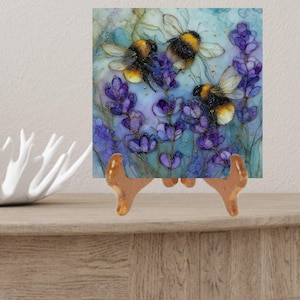 Bumblebee and Lavender Art Print, Bee and Flower Wall Decor, Nature Inspired Artwork, Small Square Canvas Print