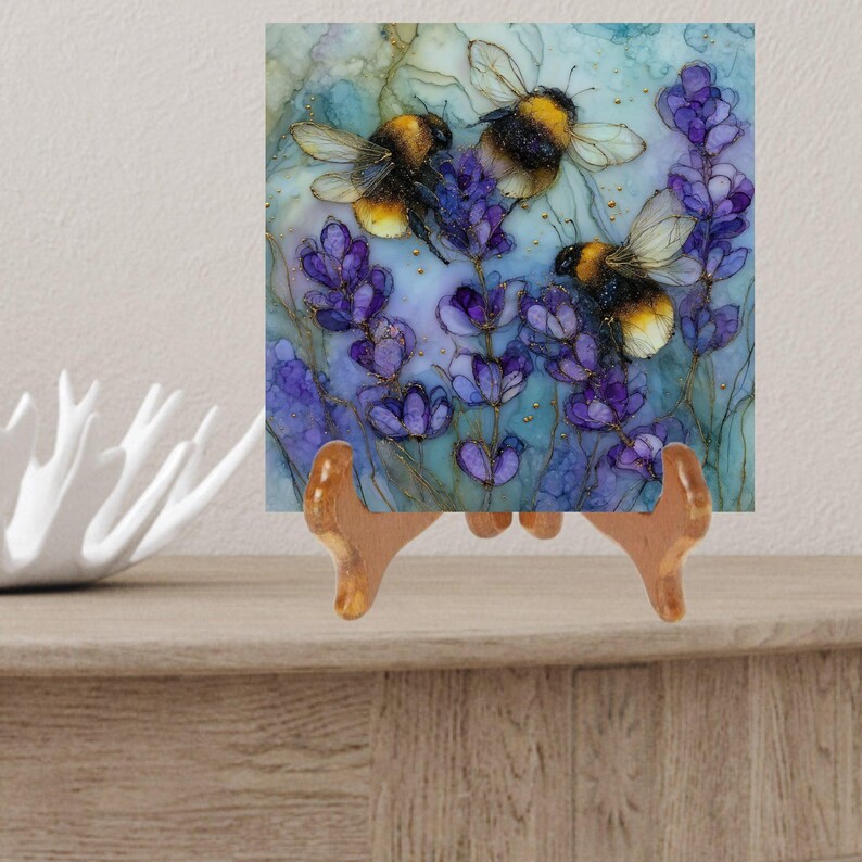 Bumblebee and Lavender Art Print, Bee and Flower Wall Decor, Nature Inspired Artwork, Small Square Canvas Print
