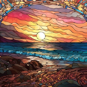 Ocean Waves Peaceful Beach at Sunrise Stained Glass Window Cling