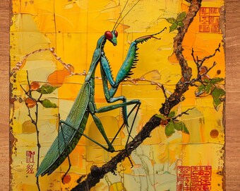 Preying Mantis Stained Glass Look Art on Glossy Ceramic Decorative Tile Tileful Artful Mosaic Wall Decor