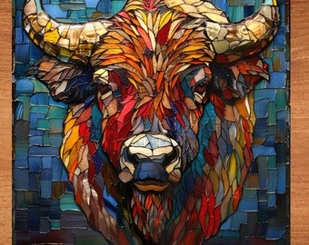 Buffalo Stained Glass Look Art on Glossy Ceramic Decorative Tile Tileful Artful Mosaic Wall Decor