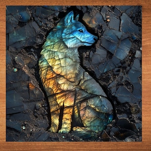 May include: A wolf carved from iridescent labradorite gemstone, with blue, green, and gold hues. The wolf is sitting with its head turned to the side, and its tail is curled around its body. The background is a dark, textured surface.