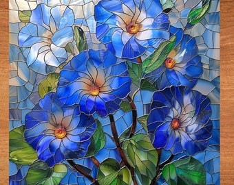 Morning Glory September Stained Glass Look Art on Glossy Ceramic Tile Tileful Artful Display Piece and Gift