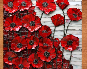 Red Poppies Stained Glass Look Art on Glossy Ceramic Tile Tileful Artful Display Piece and Gift