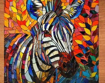 Zebra Stained Glass Look Art on Glossy Ceramic Decorative Tile Tileful Artful Mosaic Wall Decor