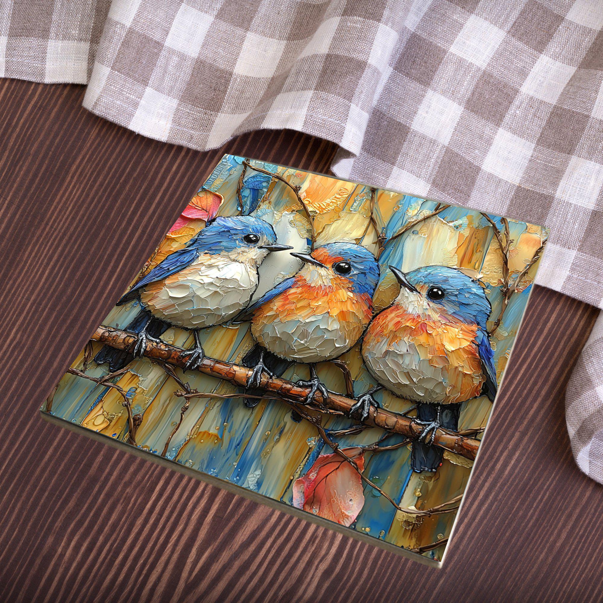 Row of Bluebirds Decorative Tile Ceramic Art Tile Wall Decor Bookshelf Book Nook Wall Art Gift for Her House Decoration