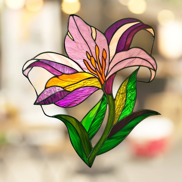 Lily Stained Glass Window Cling Beautiful Flower Window Artwork Window Decal Sticker Vinyl Film Gift for Nature Lover Her Mom