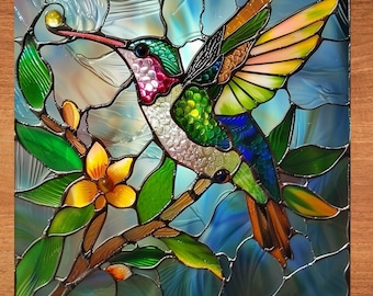 Hummingbird Stained Glass Look Art on Glossy Ceramic Tile Tileful Artful Display Piece and Gift
